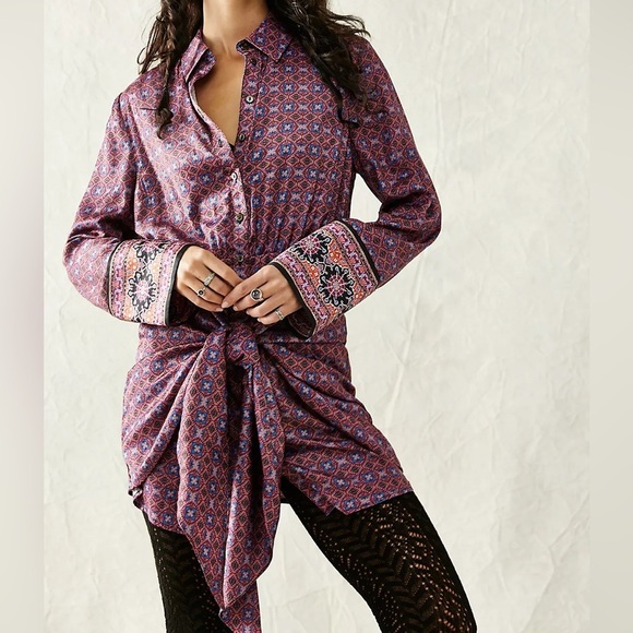 Free People Silky Rillo Shirtdress Purple Printed Sz Small - Picture 1 of 7